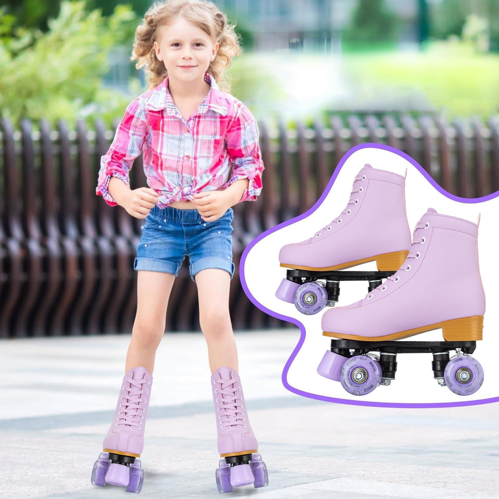SLLINGLUO Roller Skates for Girls, High-Top Double Row Leather Quad Skates, Purple, Youth 3