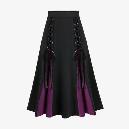 SZJXBUY Women Skirt Long Party Gothic Lace Up Two Tone Godet Hem Midi A Line High Waisted Skirt Vintage Steampunk Medieval Renaissance Pirate Skirts Purple S