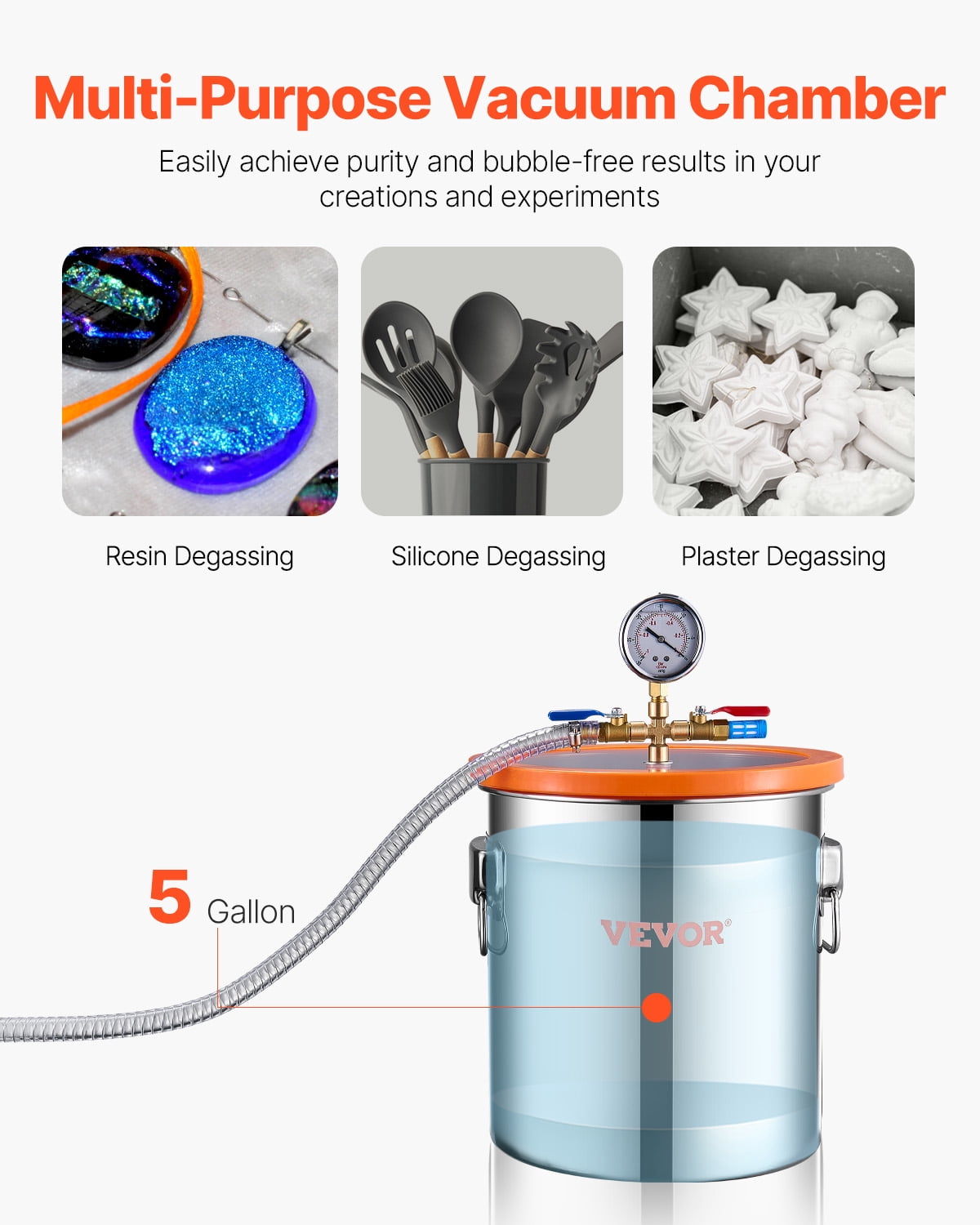 VEVOR 5 Gal Vacuum Chamber and 3.5 CFM Pump Kit, Stainless Steel Chamber, Single Stage Vacuum Pump Degassing Chamber Kit, with Acrylic Lid, Oil, 4.92 ft Hose, for Degassing Resin Silicone Epoxies