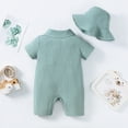 thumbnail image 3 of Kucnuzki Infant Baby Boy Clothes 12 Months Spring Summer Jumpsuit Bodysuit 18 Months Short Sleeve Solid Color Plain Stylish Button-Up Collar Overall Jumpsuit Hat 2PCS Set Green, 3 of 8