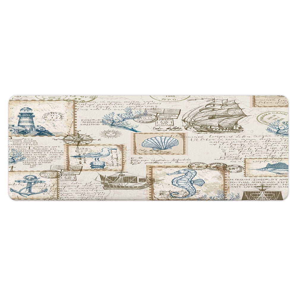 Nautical Bathroom Rugs,Beach Flannel Non Slip Mat Rug,Tropical Coastal Flannel Non Slip Mat Rug,Ocean Beach Bath Mat,Retro Sailing Adventure Bathroom Mats 17X48in