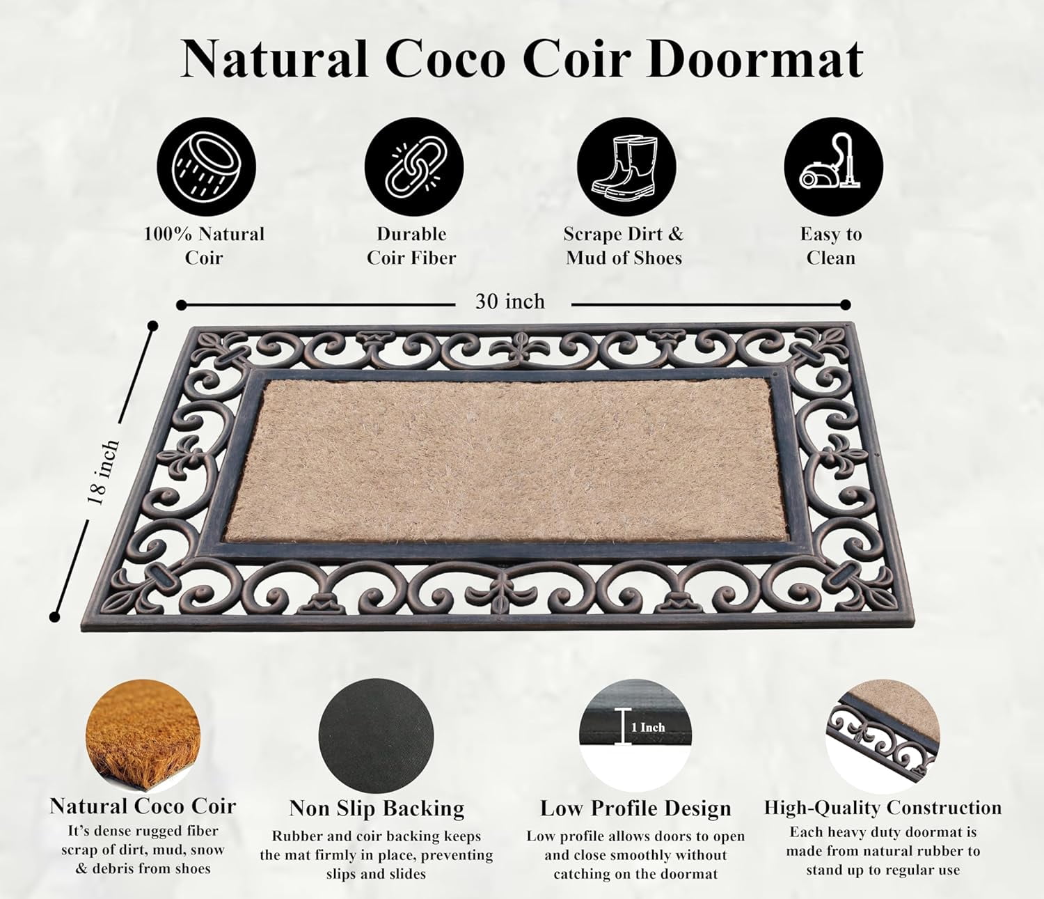 A1HC First Impression Classic Paisley Border Rubber Coir Door Mat for Outdoor Front Door Entrway Doormat 18 in. x 30 in.