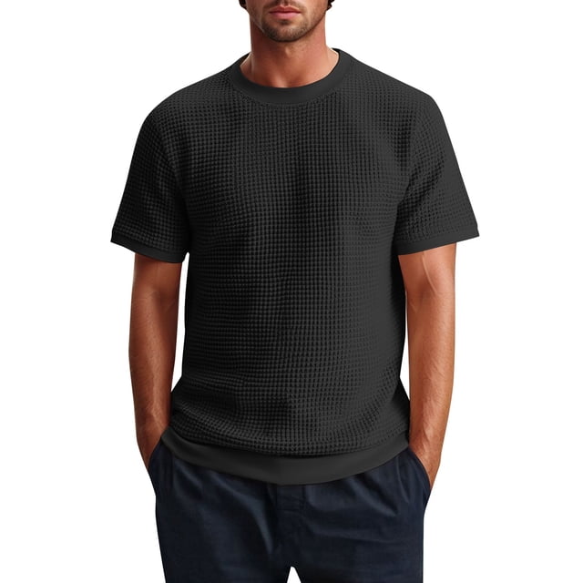 Camiseta de manga corta de punto para hombre - Color liso, diseño acanalado, deportiva informal - S-XXL