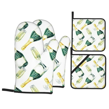 

Oven Mitts and Pot Holders Sets 4 pcs wine bottle pattern Non-Slip Oven Gloves Potholders Soft Quilted Lining Heat Resistant Gloves Hot Pads for Kitchen Cooking Baking