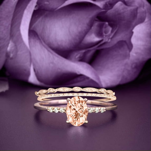 Beautiful Unique Art Deco 2.50 Carat Oval Cut Morganite And Diamond Moissanite Engagement Ring, Classic Wedding Ring, Two Matching Band in 10k Solid Rose Gold, Gift For Her, Promise Ring, Trio Set