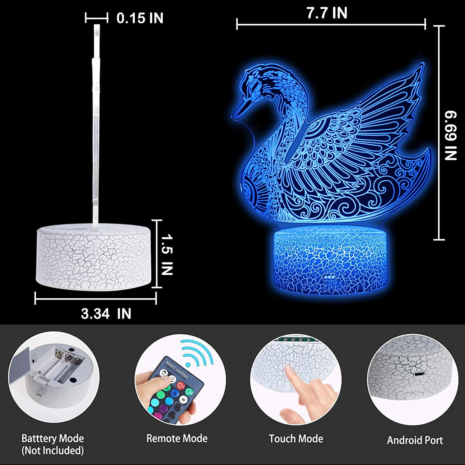 Swan 3D illusion Visual Night Light 7 Colors Change LED Desk Lamp Home Decor 