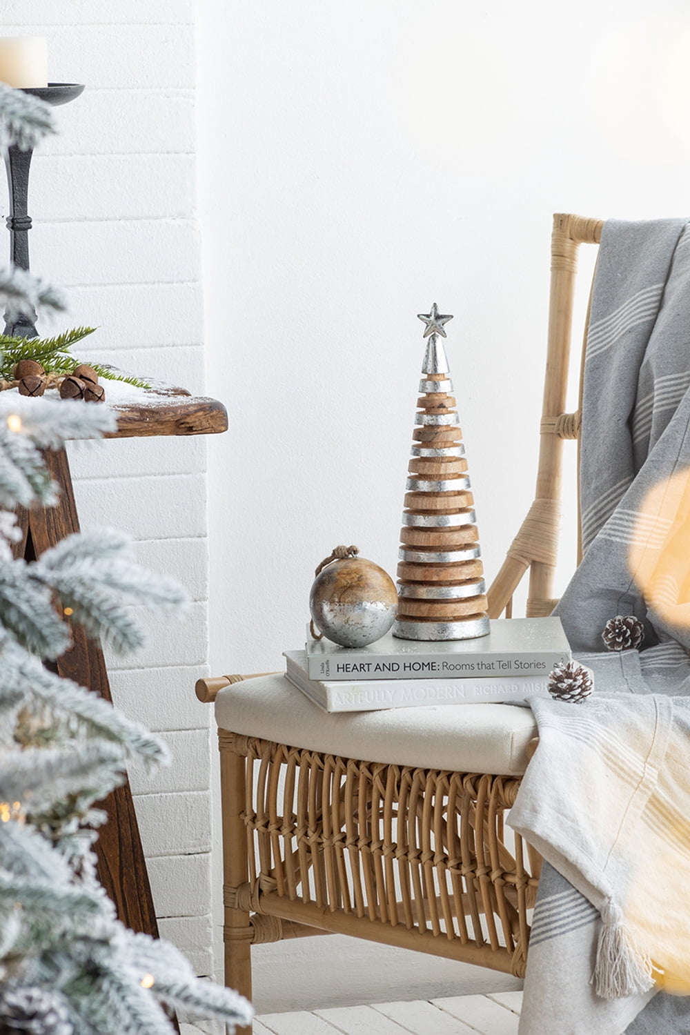 Set of 4 Natural Wood and Antiqued Silver Ball Ornaments Mango Wood Jute Hanger Tree Decor