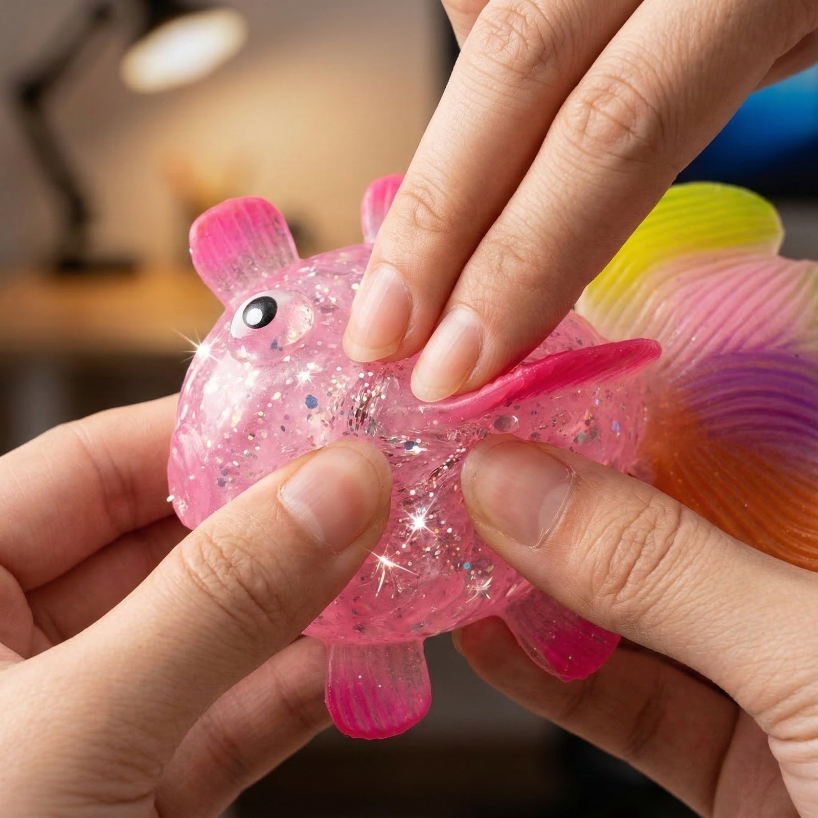 Rainbow Goldfish Squeeze Toys 4 Pack, Glitter Fish Sensory Fidget Toys for Office Desk Relaxation and Portable Daily Stress Relief