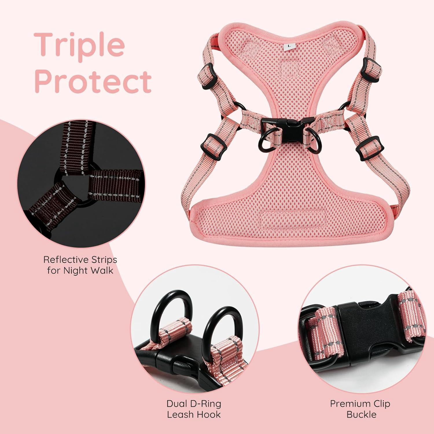 BELLA & PAL Dog Harness for Medium Dogs, Adjustable Reflective No Pull Step-in Dog Vest, Breathable Soft Mesh Harness and Leash Set for Small Medium Dogs, Coral Pink, XS