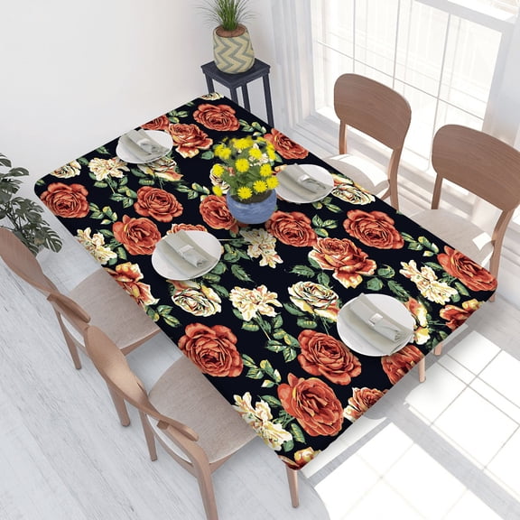 Elastic Edge Fitted Tablecloth Rose Flower Pattern for Rectangle Table 4 FT 30 X 48 Inch