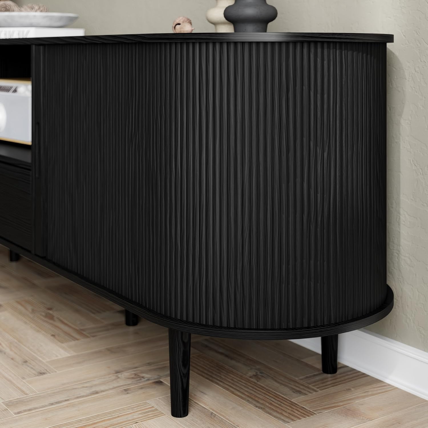 71" Mid-Century Modern Fluted TV Stand with Power Outlet, Sliding Door & Adjustable Shelves, for TVs up to 80 Inches, Black