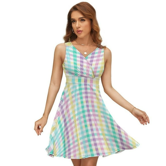 Rainbow Plaid Dress Summer Street Style Dresses Female Sleeveless Printed Sundress