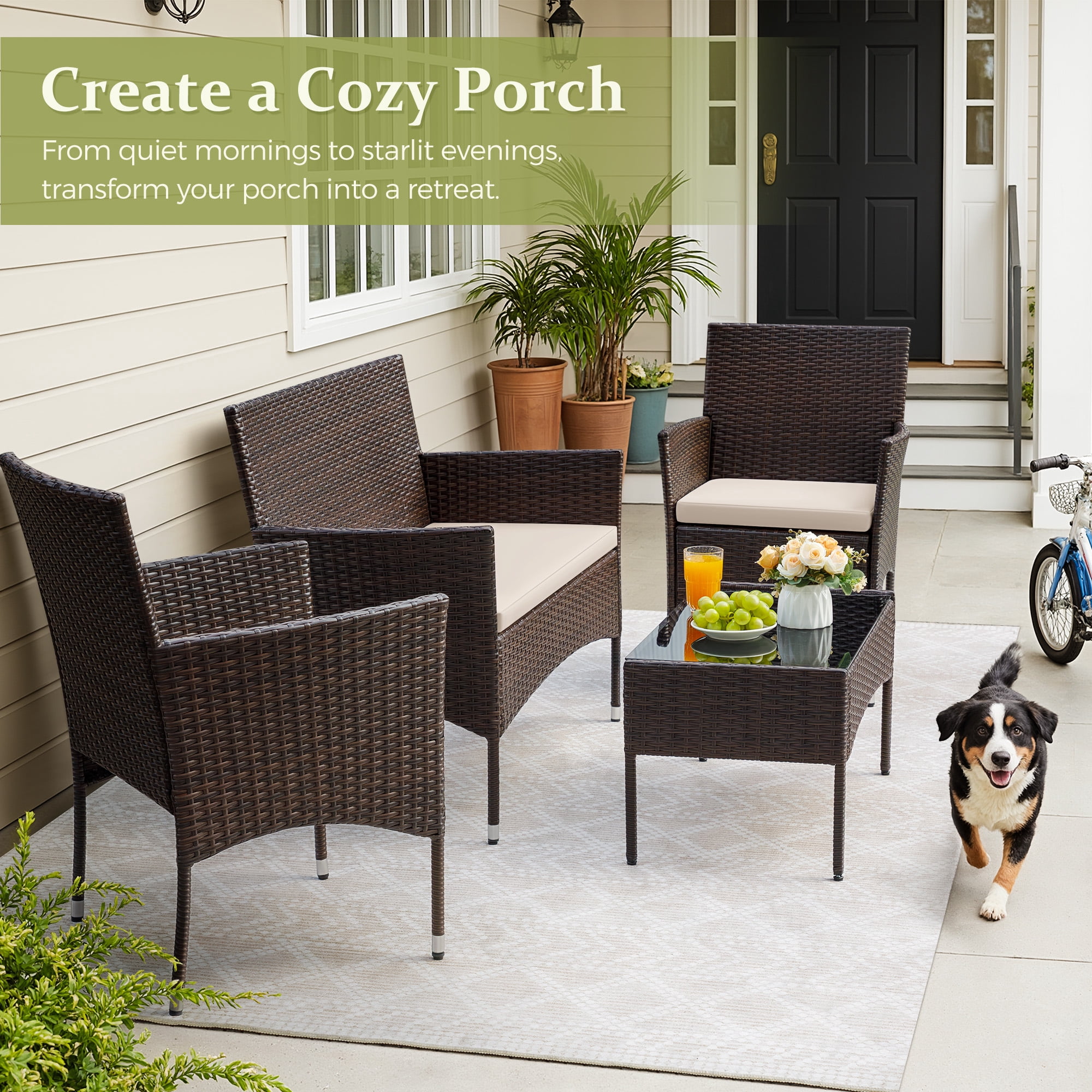 Homall 4 Pieces Outdoor Patio Furniture Brown PE Rattan Wicker Table and Chairs Set Backyard Poolside Garden Porch Sets with Cushioned, Beige Cushion
