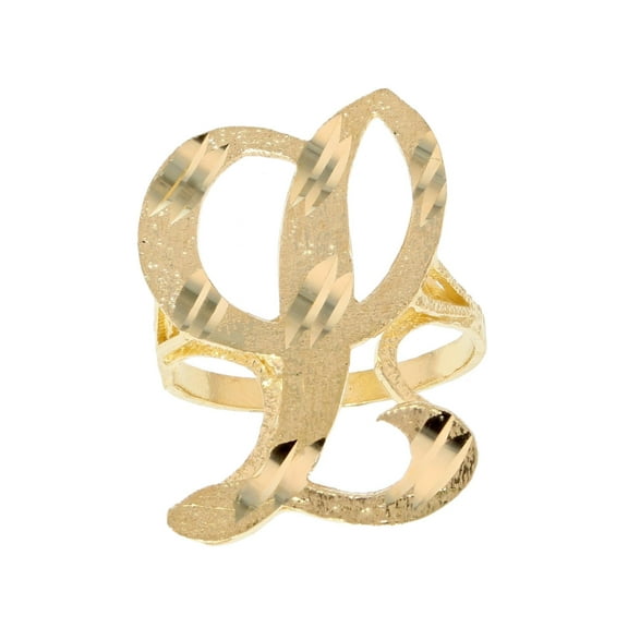 14k Real Yellow Gold Ladies Tendy Chic Diamond Cut Cursive Inital Letter L Ring