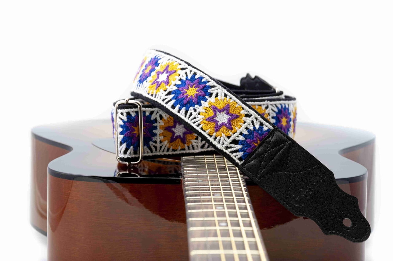 RightOn! Straps Crochet Guitar Strap | Vintage-Inspired Vegan Leather Strap - White