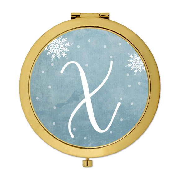 Koyal Wholesale Gold Compact Mirror Bridesmaid's Wedding Gift, Blue Winter Snowflakes, Monogram Letter X, 1-Pack