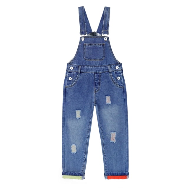Mono Vaquero Desgastado Elástico con Pechera Grande Para Niño y Niña,KIDSCOOL SPACE, Azul, 3-4 Años