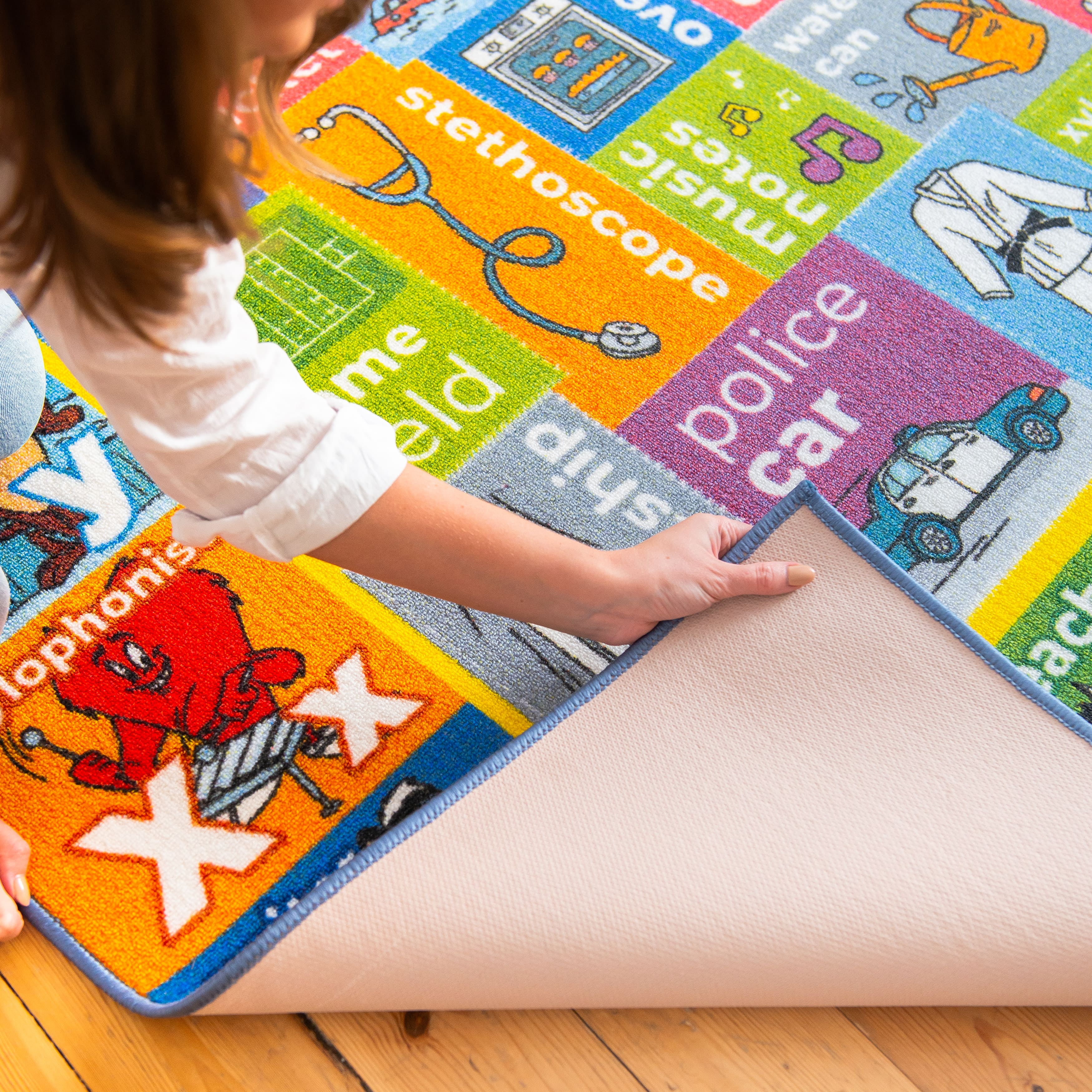 KC Cubs Alphabet Jobs Objects Matching Non‑Slip Rug Carpet Polypropylene Low Pile with Latex Rubber Backing
