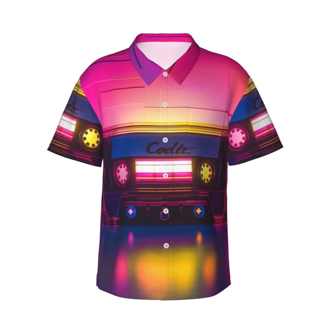 Balery Neon Cassette Tape Camisas hawaianas de manga corta para hombre, camisas playeras de corte holgado, camisas de vacaciones con botones,X-Large