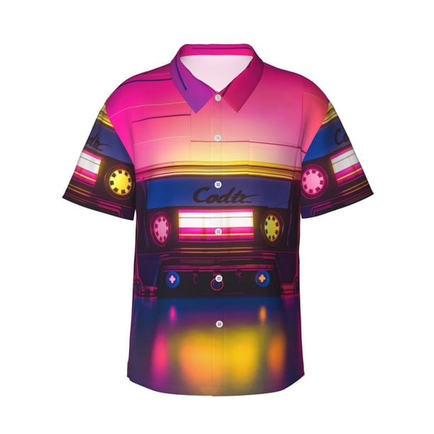 Balery Neon Cassette Tape Camisas hawaianas de manga corta para hombre, camisas playeras de corte holgado, camisas de vacaciones con botones,Large