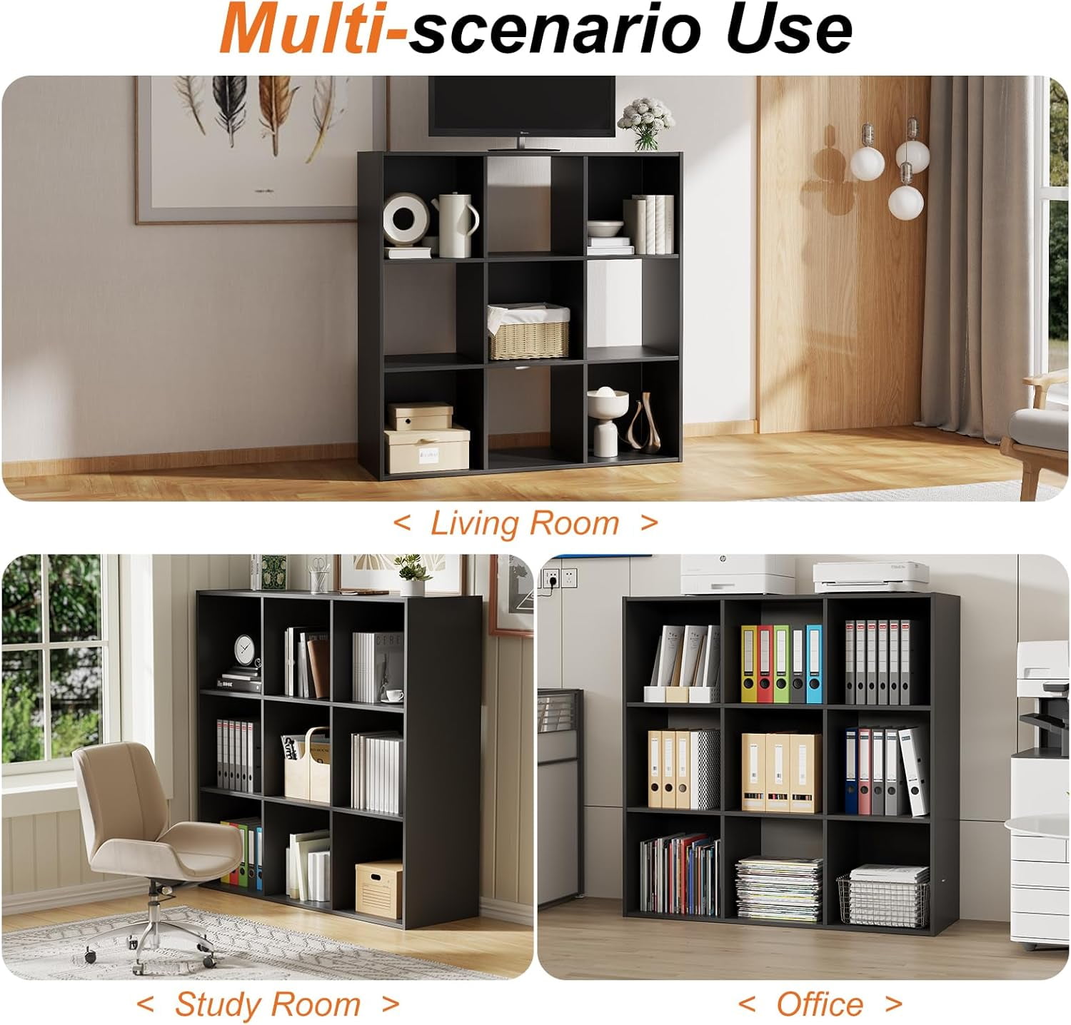 Cube Bookshelf Black, 9 Cube Storage Organizer Bookcase, Display Bookcase, TV Stand, for Living Room, Home Office, Bedroom