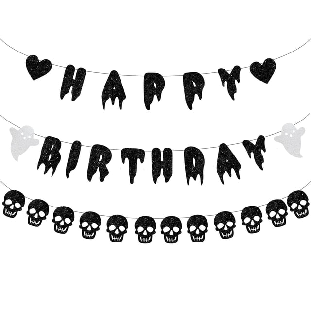 Cartel de cumpleaños de Halloween Neyeidru, calavera negra con purpurina
