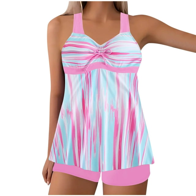 Split Swimsuit for Women, V-Neck Sleeveless Tankini with Built-in Chest Pad, Polyester-Spandex Blend, Printed Pattern, Regular Length, Conservative Coverage