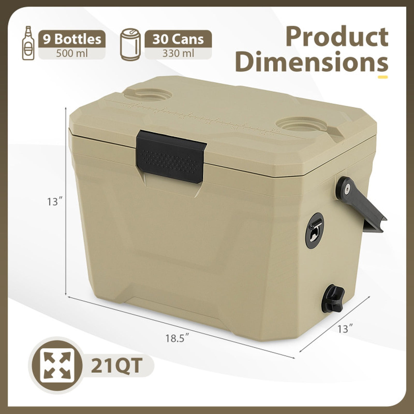 Biotree 21 Qt Insulated Portable Cooler Hard Shell Ice Chest with 2 Cup Holders, Off-White