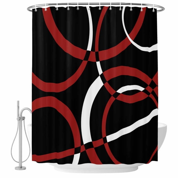 Polyester Fabric Red Geometric Shower Curtain, Vintage Abstract Stripes Aesthetic Art Waterproof Bathtub Curtain Bathroom Decor Set with Hooks 54 x 78 Inches