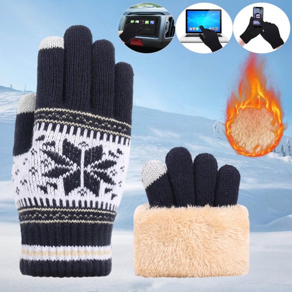Utoimkio Merry Christmas Touch Screen Knit Gloves Winter Snowflake Print Thicken Warm Gloves Touchscreen Warm Gloves Mittens for Women Men Christmas Gifts