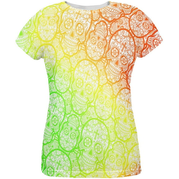 Cinco de Mayo Crazy Sugar Skull Pattern All Over Womens T Shirt Multi LG