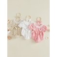 thumbnail image 3 of Cenuakty  Girl 2 Piece Outfit Lace Trim Short Sleeve Smocked Bubble Romper and Bow Headband Cute Summer Clothes, 3 of 9