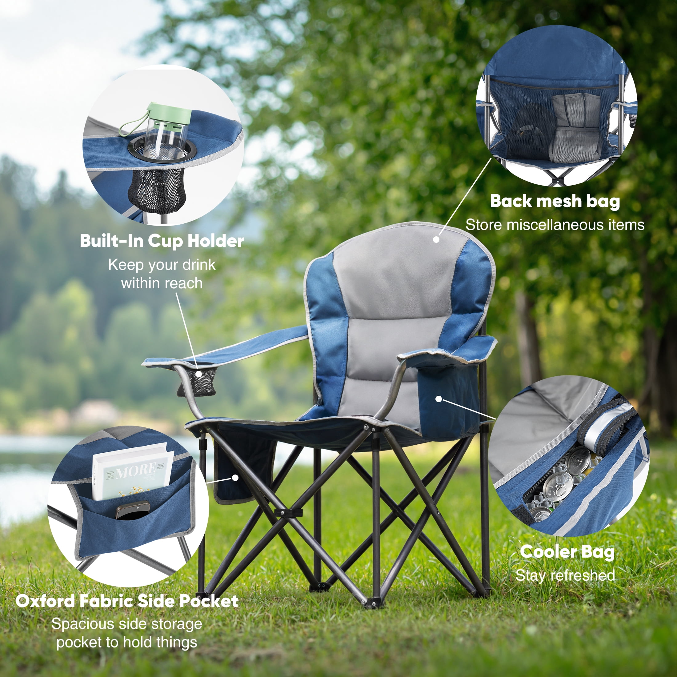 GIANNA Heavy-Duty Outdoor Folding Chair – Oversized Comfort with 300-500 lbs Support, Cushioned Back & Arms, Collapsible Design with Cup Holder for Camping, Sports & Backyard Relaxing