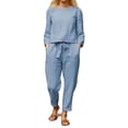 thumbnail image 2 of Women's Spring Autumn 2 Piece  Neck Casual Long Sleeve Drawstring Waist Wide Leg Pant Suits With Pockets, 2 of 4