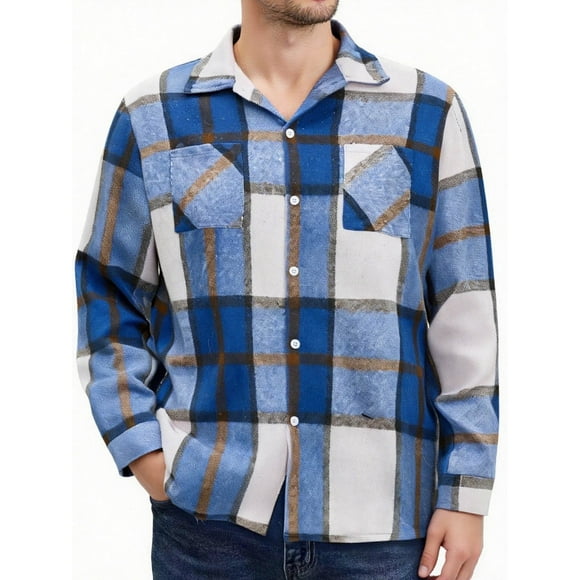 LMKIHUSA Plaid Jacket for Men Casual Regular Fit Loose Shirts Long Sleeve Button Down Lapel Tshirts Flannel Brushed Tops 2025 Blue,XL
