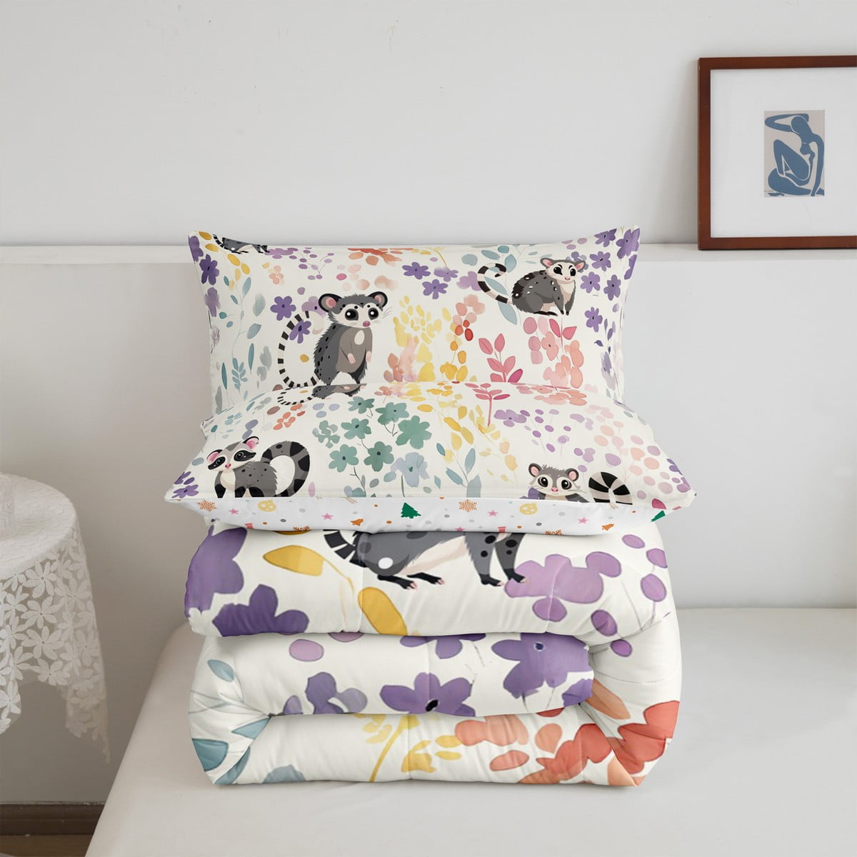 Kawaii Lemur Bedding Set Twin Size,Cartoon Lemur Floral Comforter&nbsp;Set for Kids Girls Boys,Cute Rainbow Flower Quilt Bed Set Animal Print Down Comforter with 1 Pillowcase