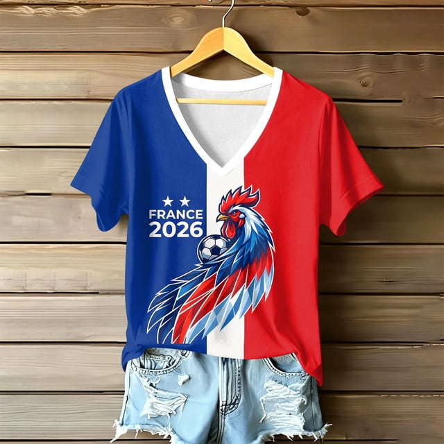 Women's Football Graphic T-Shirt,V-Neck Short Sleeve Graphic Print T-Shirt, Lightweight Summer Casual Soft Top for Everyday Wear for Soccer Tournament 2026 Blue Size: 2XL
