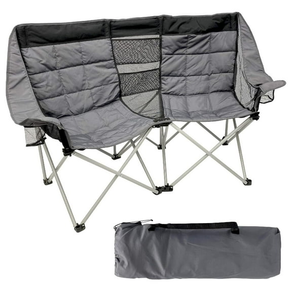 Camping Chair - Double Love Seat Heavy Duty Oversized - Folds Easily and is Padded, Black Grey