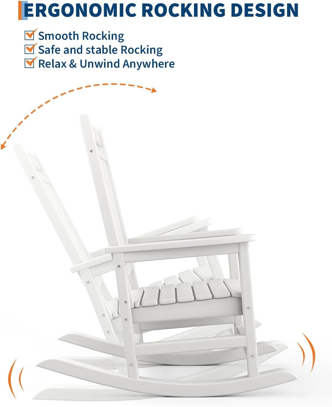 Rocking Adirondack Chair Outdoor, HDPE High Back Porch Rocker Chairs for Adults, All Weather Resistant Furniture for Patio, White