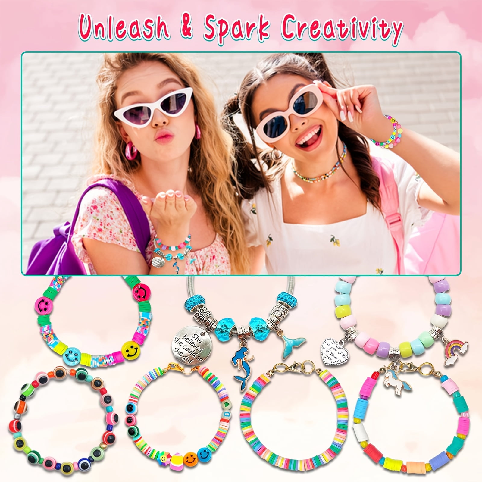 Bracelet making kit with unicorn, mermaid, letter and rainbow beads, plus DIY jewelry making tutorial. Complete charm bracelet set, creative birthday and Halloween gift with manual-like instructions.