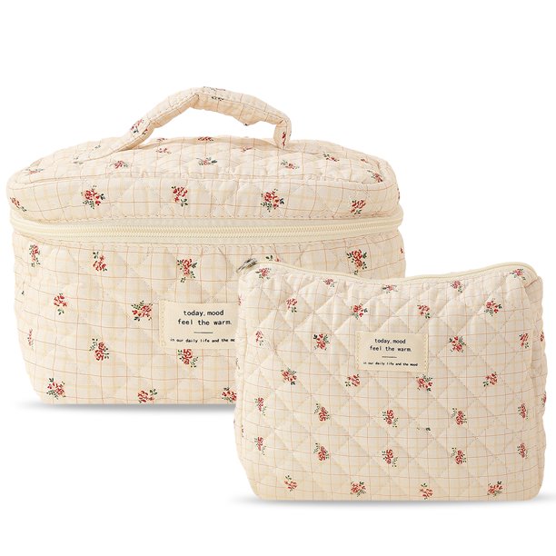 Bolsa para cosméticos de 2 uds., bolsa de maquillaje acolchada suave para mujer, bolsa de algodón para viajes al aire libre