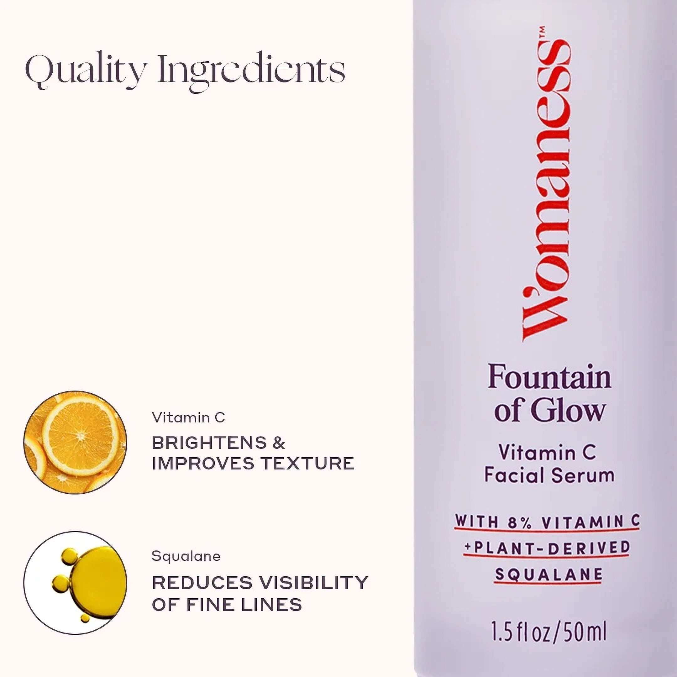 Womaness Fountain of Glow Facial Serum with 8% Vitamin C Plant-Derived Squalane Oil for Premenopause & Menopause Skin Care, 30 ml