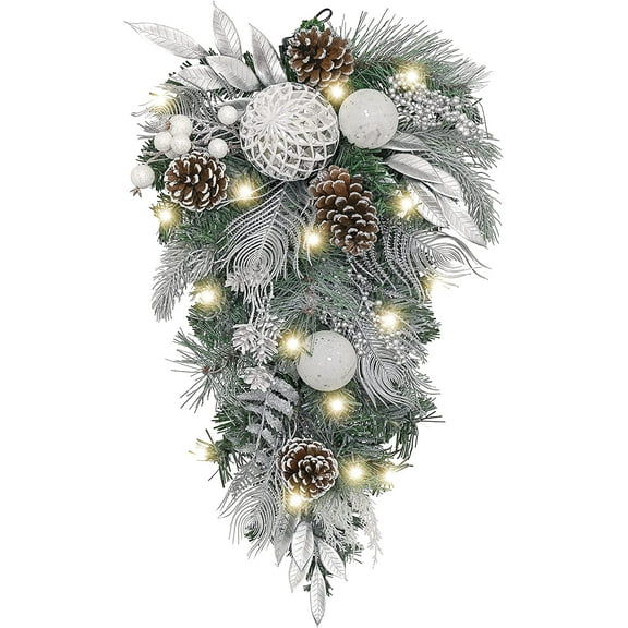 Pre-Lit Christmas Teardrop Swag for Decorating Outdoor, 24 Inch Sliver White Mailbox Swag Decoration with 20 LED Lights, Ball Ornaments for Front Door Stairway Window Shelf Xmas Decor