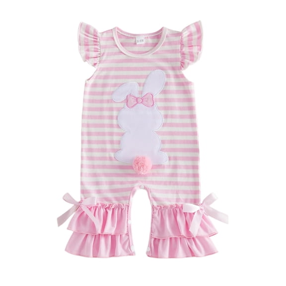 JAJAHO Girls Easter Romper For Infant Girl Bunny Embroidery Striped Sleeveless Baby Jumpsuit 0-18M Trendy Onesie