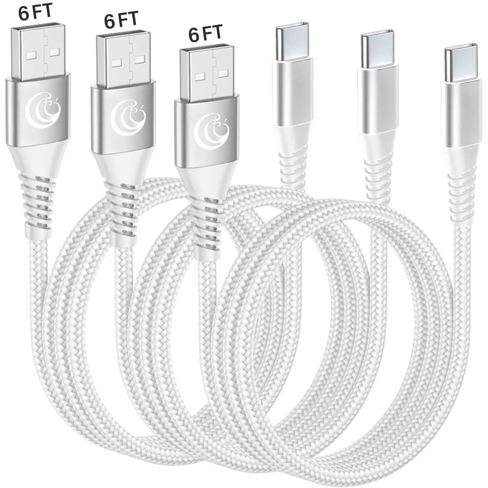 USB C Cable, XUDUO [3 Pack 6FT] Type C Charger Cord Durable Nylon Braided 3A Fast C Charging USB-A to USB-C Cable for Samsung Galaxy S25/S24/S23/S22/S21-White