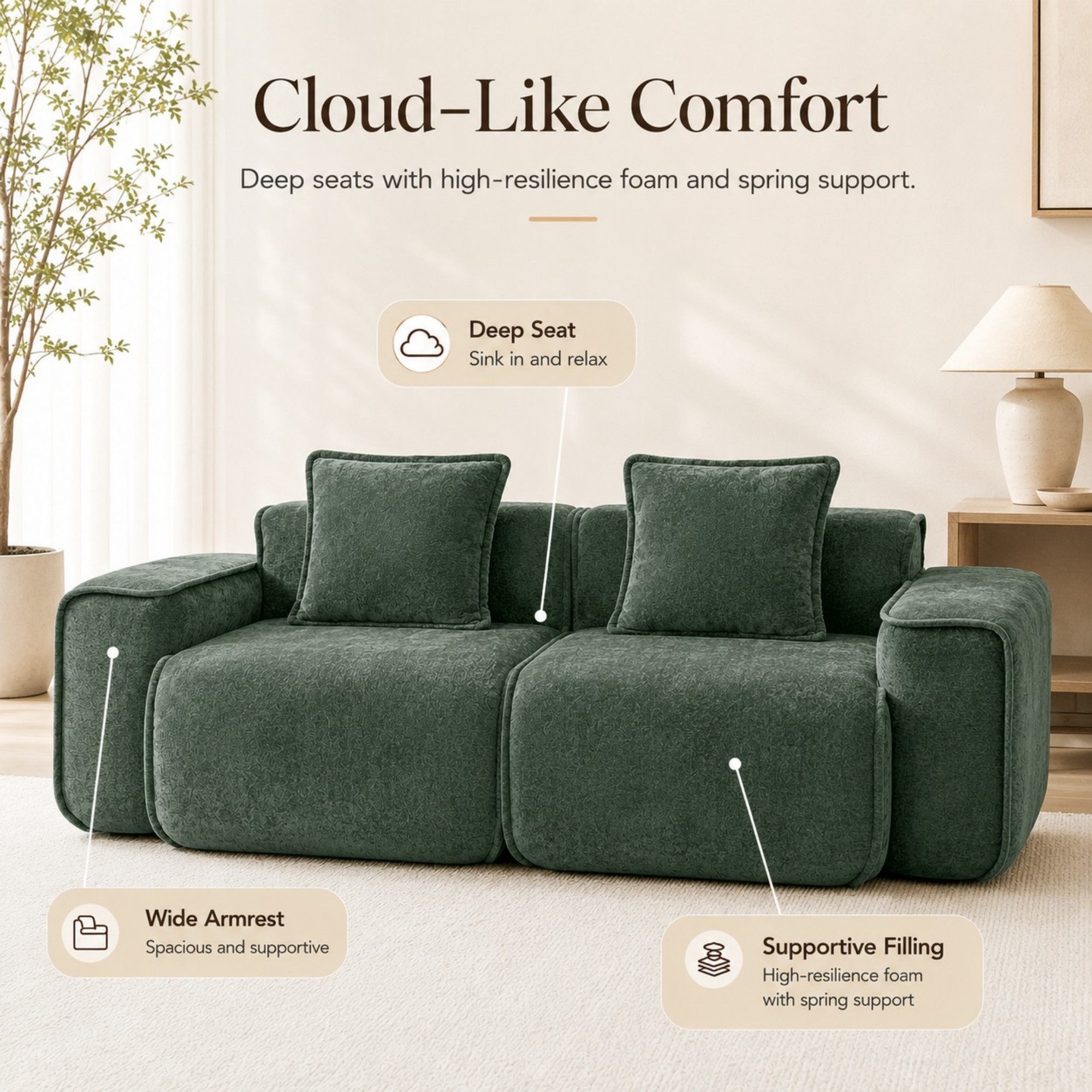 DEALTOPS 79" Modern Velvet Cloud Couch, 2-Seater Modular Loveseat with 2 Pillows, Green