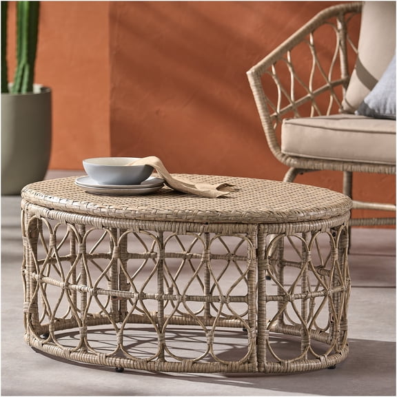 JERFIT 32.5" Outdoor Rattan Coffee Table with Wicker Weave Top, Boho Patio Side Table, Brown Weather-Resistant Accent Table for Garden, Poolside & Porch