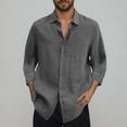 thumbnail image 2 of Dagegui 3/4 Sleeve Linen Shirts for Men Solid Turndown Collar Button Down T-Shirt Summer Casual Daily Beach Tee Tops Dark Gray S, 2 of 5