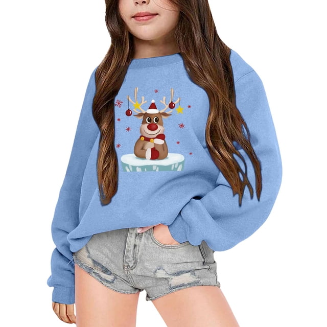 PMVFHDE Liquidation Chandails Graphiques pour Enfants Automne et Hiver à Manches Longues Chandail à Capuchon Imprimé à Col Rond pour Garçons et Filles Plus Manteau à Capuchon Chaud Chandail pour Fille Tendance, Bleu, 9-10 Ans
