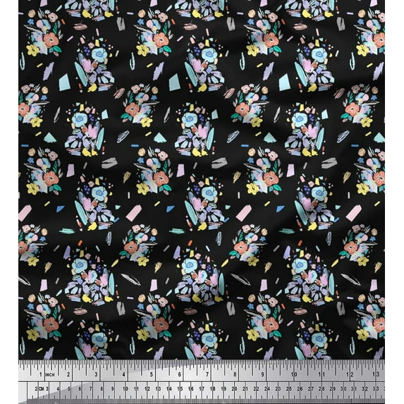 Soimoi Black Rayon Fabric Floral & Brush Stroke Print Fabric by the Yard 56 Inch Wide